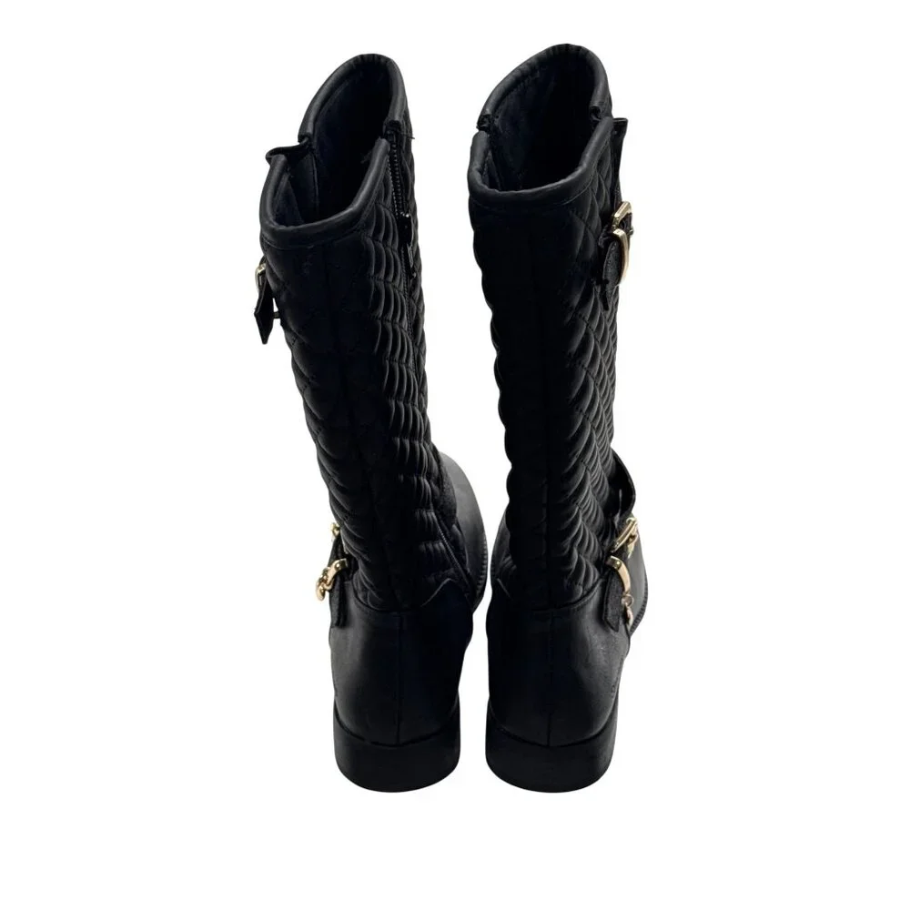 Skechers Girls Black Quilted Knee-High Boots With Gold Buckles & Side Zippers - - Picture 8 of 10